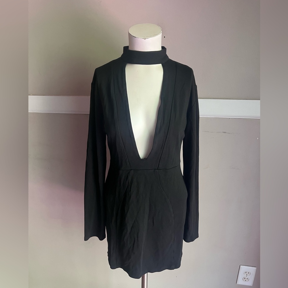 Necessary Clothing Black Plunge Mini Dress with Choker Neck